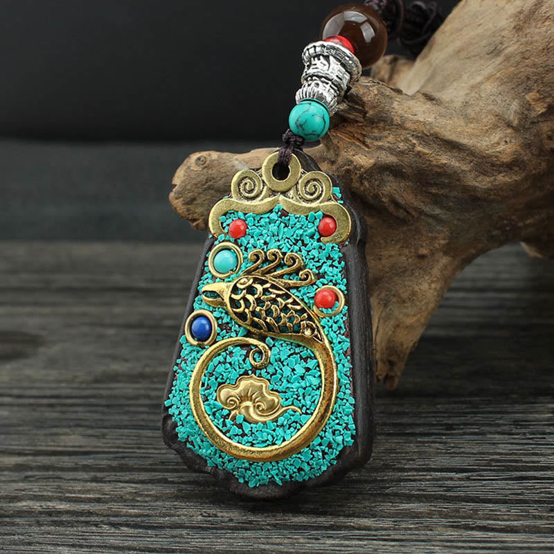 Buddha Stones Tibet God of Wealth Money Tree Golden Phoenix Thangka Ebony Peace Necklace Pendant