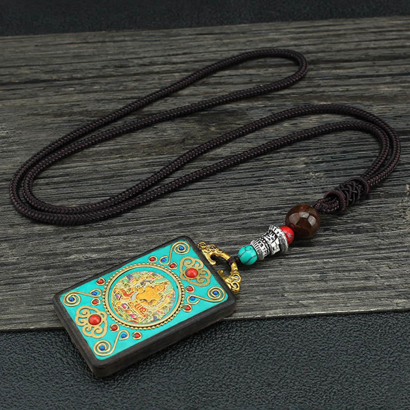 Buddha Stones Tibet God of Wealth Money Tree Golden Phoenix Thangka Ebony Peace Necklace Pendant