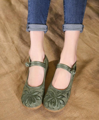 Buckle Strap Flat Feet Shoes Green Embroidered Cotton Fabric