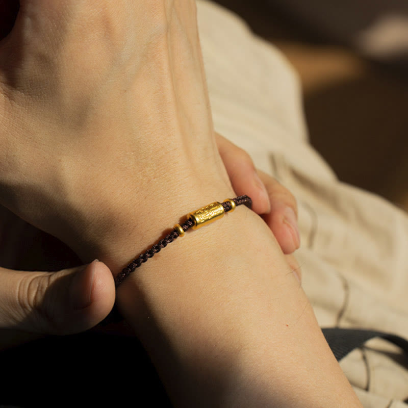 Buddha Stones 999 Gold Good Luck Amulet Carved Design Handmade Strength Braided Rope Bracelet