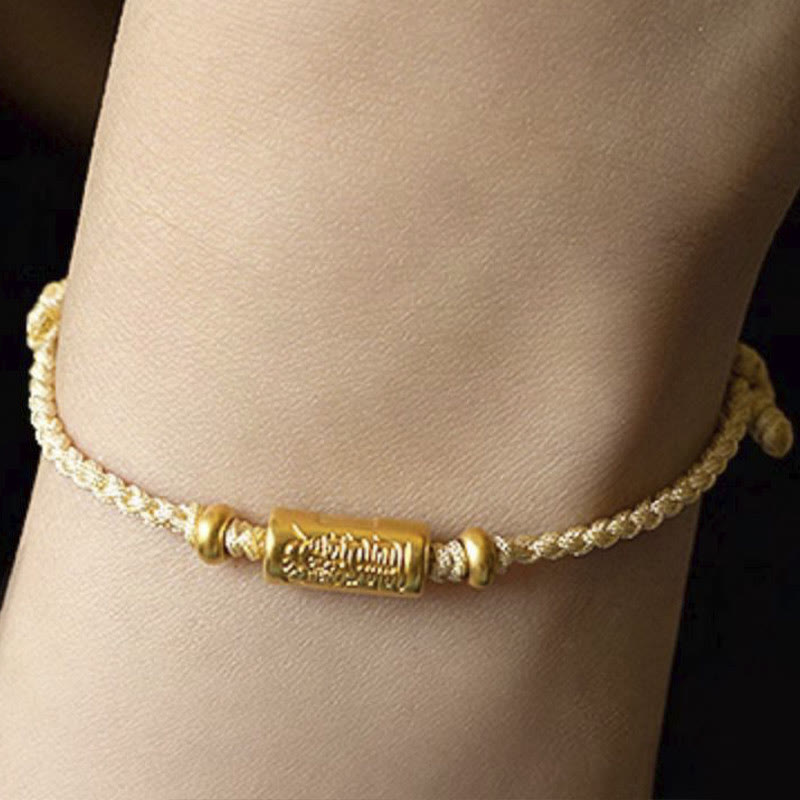 Buddha Stones 999 Gold Good Luck Amulet Carved Design Handmade Strength Braided Rope Bracelet