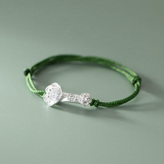 999 Sterling Silver Fu Character Bracelet | Green Rope Spiritual Luck