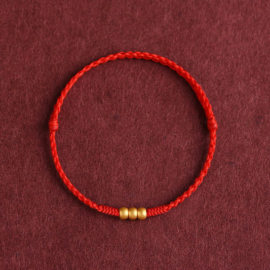 Buddha Stones 999 Gold Mini Three Beads Design Handmade Luck Rope Bracelet Anklet