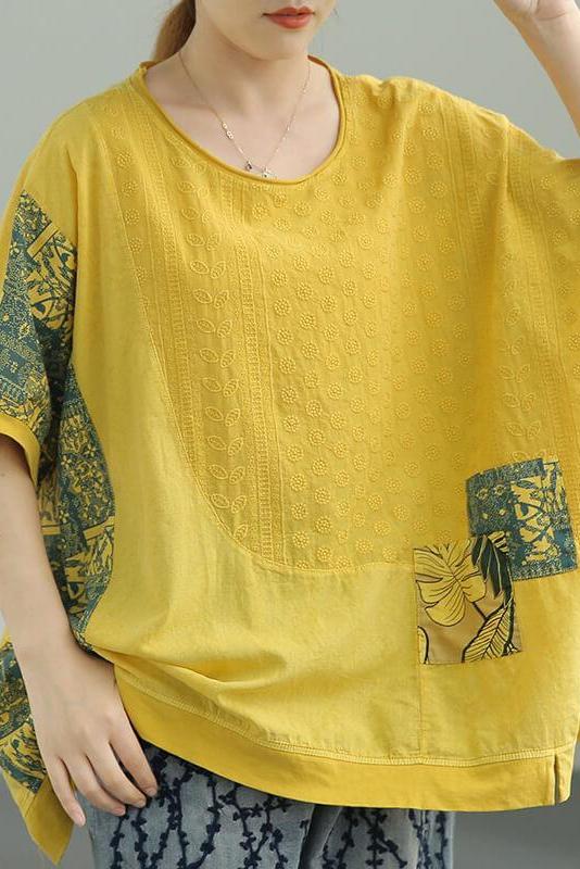 Cotton Linen Patchwork Stitching Split T-shirt