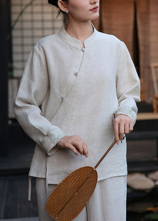 New Chinese Style Printed Linen Top Lace Up Spring