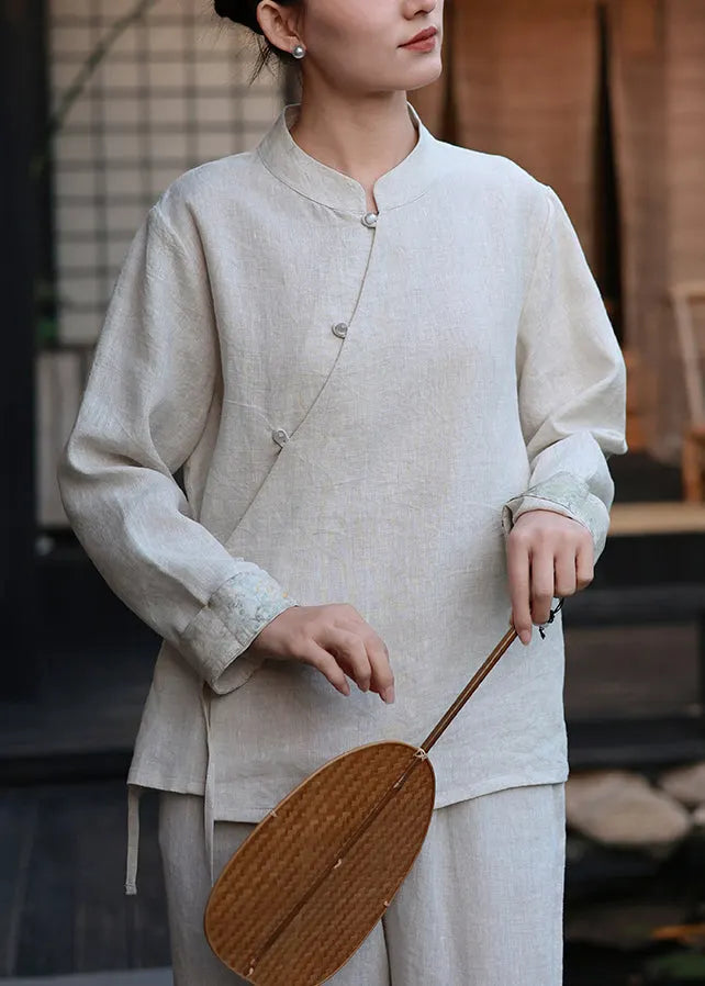 New Chinese Style Printed Linen Top Lace Up Spring