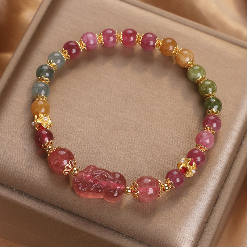 Buddha Stones Tourmaline Strawberry Quartz Pink Crystal Pixiu Love Bracelet