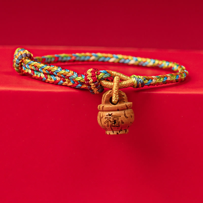 Buddha Stones Peach Wood Fu Character Safe and Well Wealth Bracelet