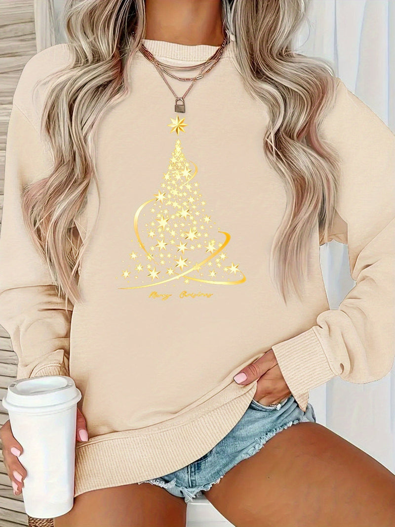 Yule Sweatshirt with Cotton Print Golden Christmas Tree Design