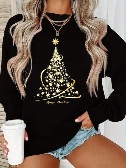 Yule Sweatshirt with Cotton Print Golden Christmas Tree Design