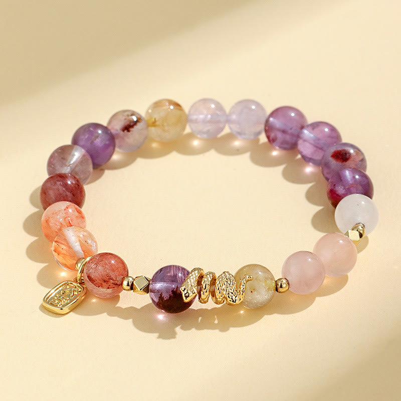 Buddha Stones Various Crystal Pink Crystal Amethyst Year of the Snake Lucky Bracelet
