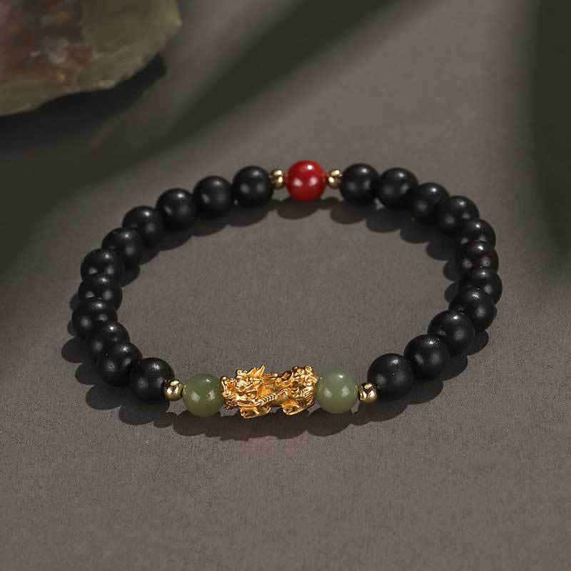 Buddha Stones 999 Sterling Silver Sandalwood Ebony Wood Small Leaf Red Sandalwood Hetian Jade Cinnabar Pixiu Wealth Bracelet