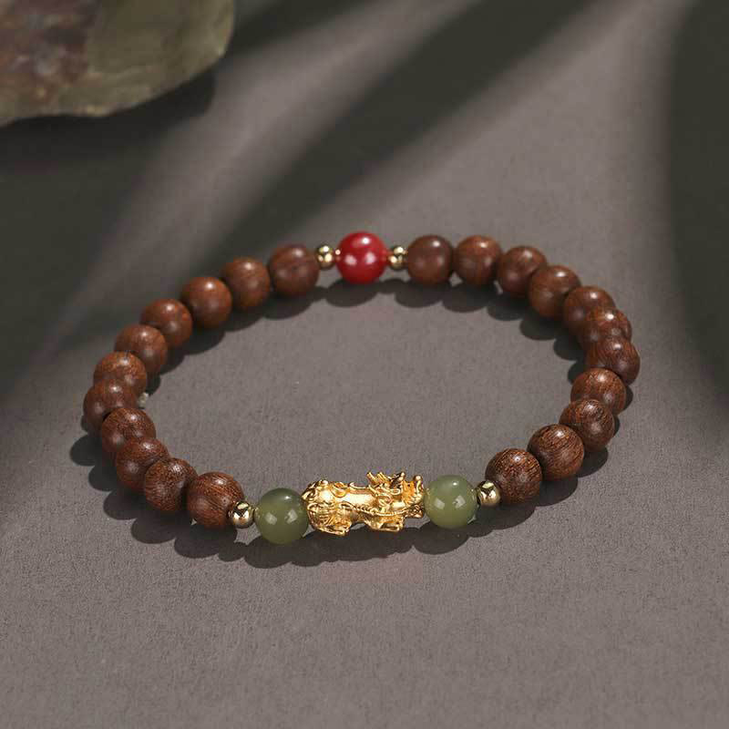 Buddha Stones 999 Sterling Silver Sandalwood Ebony Wood Small Leaf Red Sandalwood Hetian Jade Cinnabar Pixiu Wealth Bracelet