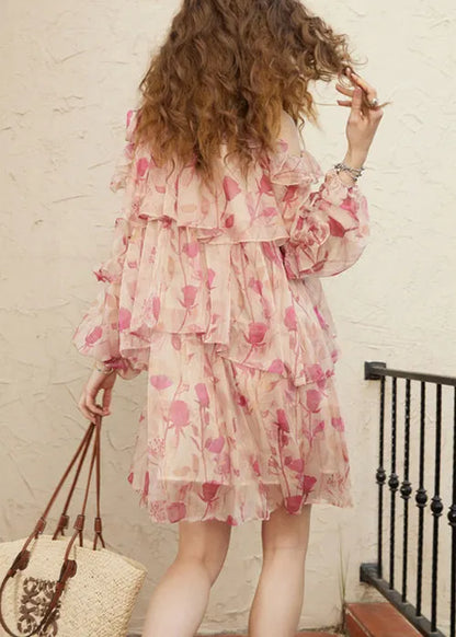 Pink Print Lace Up Chiffon Fall Mid Dress Cold Shoulder