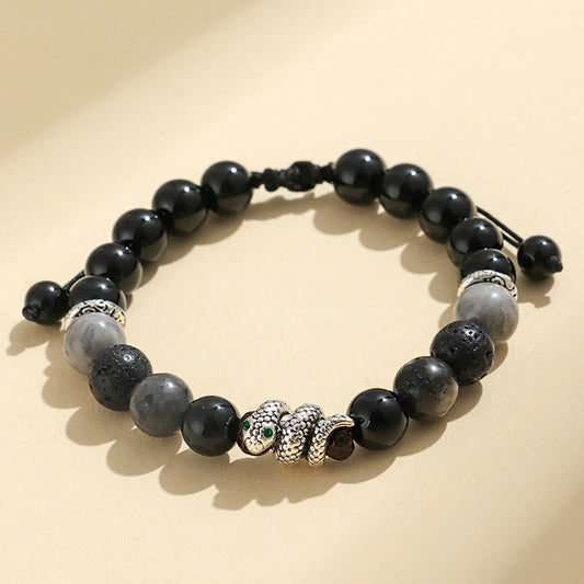 Buddha Stones Black Onyx Black Glitter Stone White Agate White Turquoise Year of the Snake Protection Bracelet