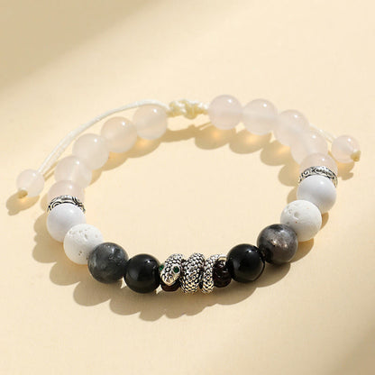 Buddha Stones Black Onyx Black Glitter Stone White Agate White Turquoise Year of the Snake Protection Bracelet
