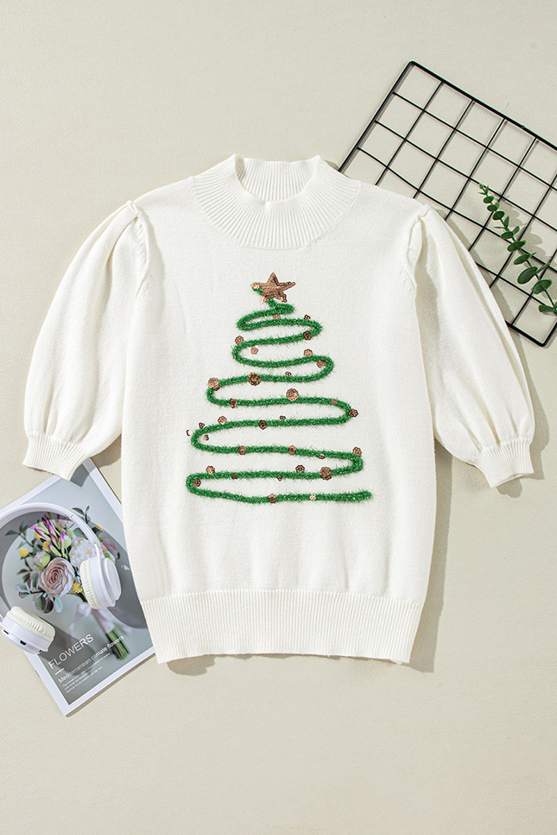 Casual Turtleneck Sweater with Christmas Tree Sequin Patchwork