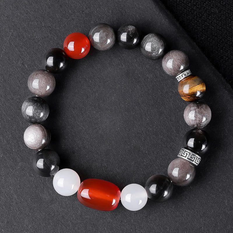 Buddha Stones Natural Silver Sheen Obsidian Tiger's Eye Six True Words 'om Mani Padme Hum' Strength Bracelet