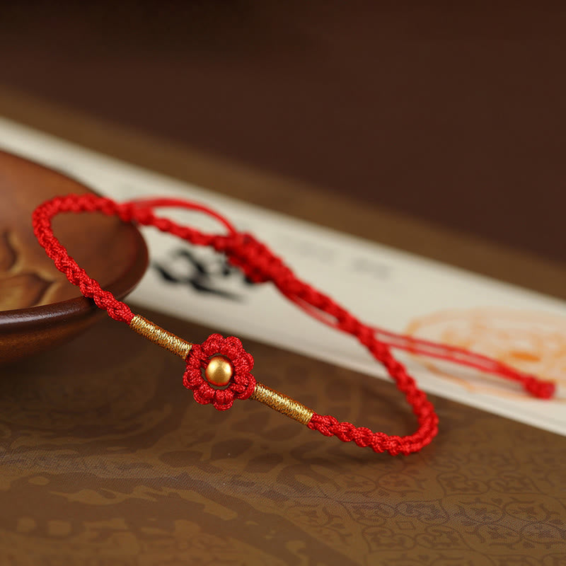 Buddha Stones 999 Gold Mini Bead Handmade Flower Design Luck Protection Rope Bracelet