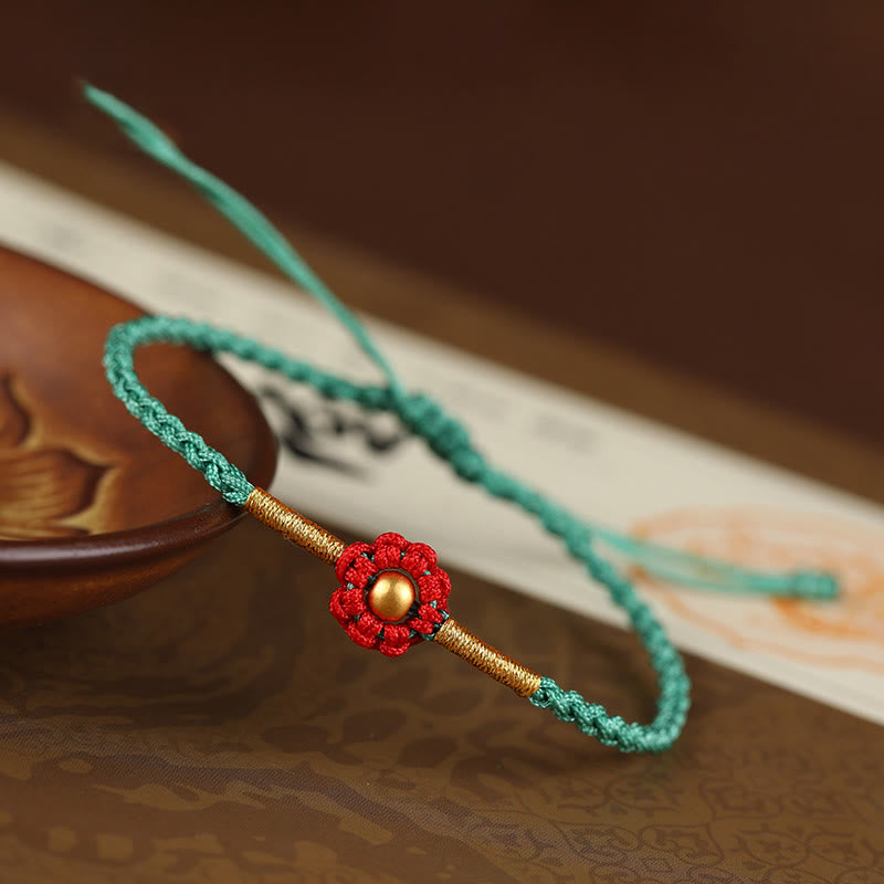 Buddha Stones 999 Gold Mini Bead Handmade Flower Design Luck Protection Rope Bracelet