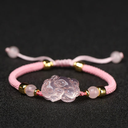 Buddha Stones Pixiu Pink Crystal Wealth String Braided Bracelet