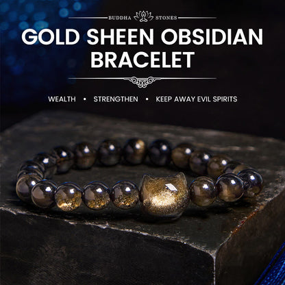 Buddha Stones Gold Sheen Obsidian Silver Sheen Obsidian Paw Lucky Cat Protection Bracelet