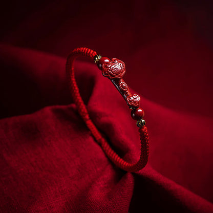 Buddha Stones Handmade Cinnabar Ruyi Handle Fu Character Pixiu Blessing Red String Braided Bracelet