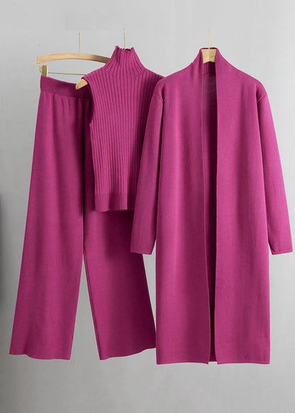 Autumn New Caramel Knitted Cardigan and High Neck Sweater and Wide Leg Pants Three Piece Set