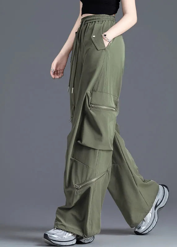 French Army Green Elastic Waist Pockets Nylon Pants Spring