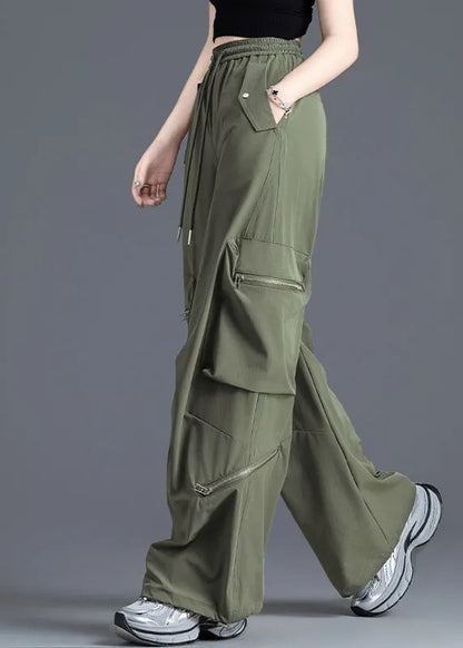 French Army Green Elastic Waist Pockets Nylon Pants Spring