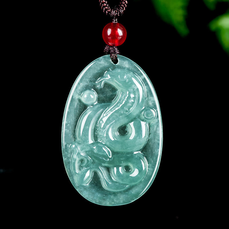 Buddha Stones Natural Jade Oval Year of the Snake Luck Necklace Pendant