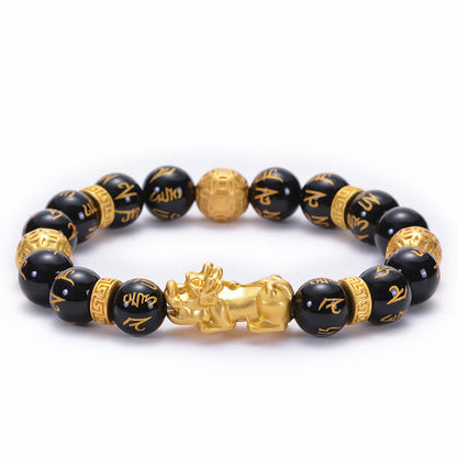 Buddha Stones Black Obsidian Black Onyx Alloy Pixiu Om Mani Padme Hum Strength Bracelet