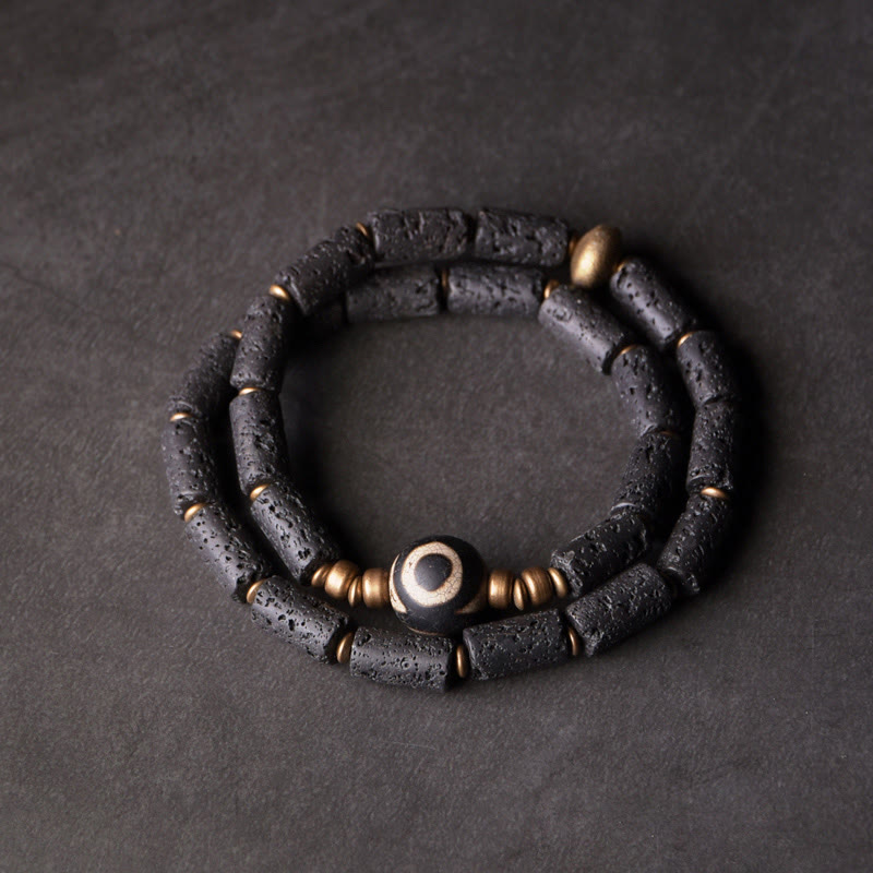 Buddha Stones Lava Rock Three-eyed Dzi Bead Copper Brass Multi-turn Wrap Calm Bracelet