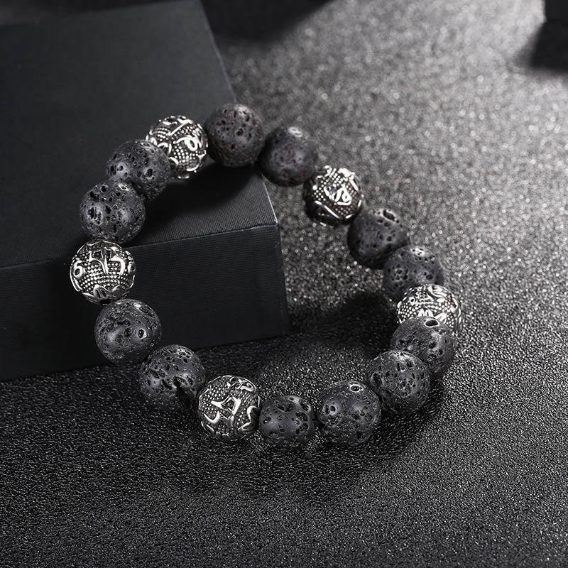 Buddha Stones Natural Lava Rock Tiger Eye Titanium Steel Six-true-words Om Mani Padme Hum Healing Bracelet