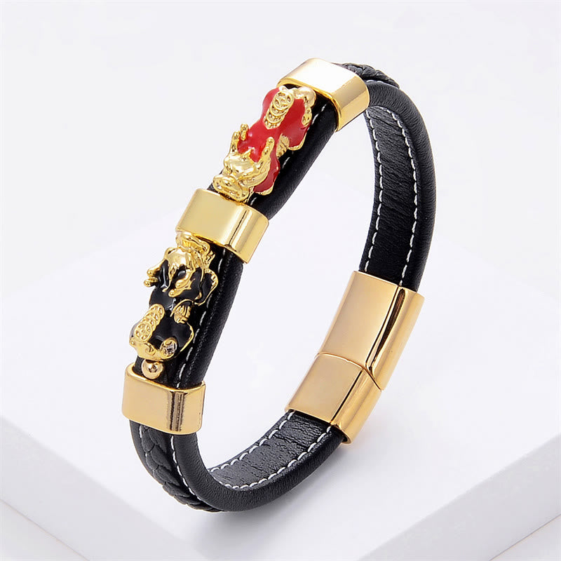 Buddha Stones Double Pixiu Wealth Luck Leather Magnetic Buckle Bracelet