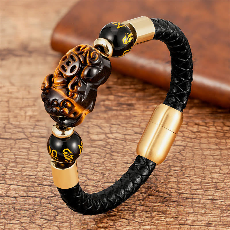 Buddha Stones Tiger Eye Black Onyx Red Agate Pixiu Copper Coin Om Mani Padme Hum Strength Leather Bracelet