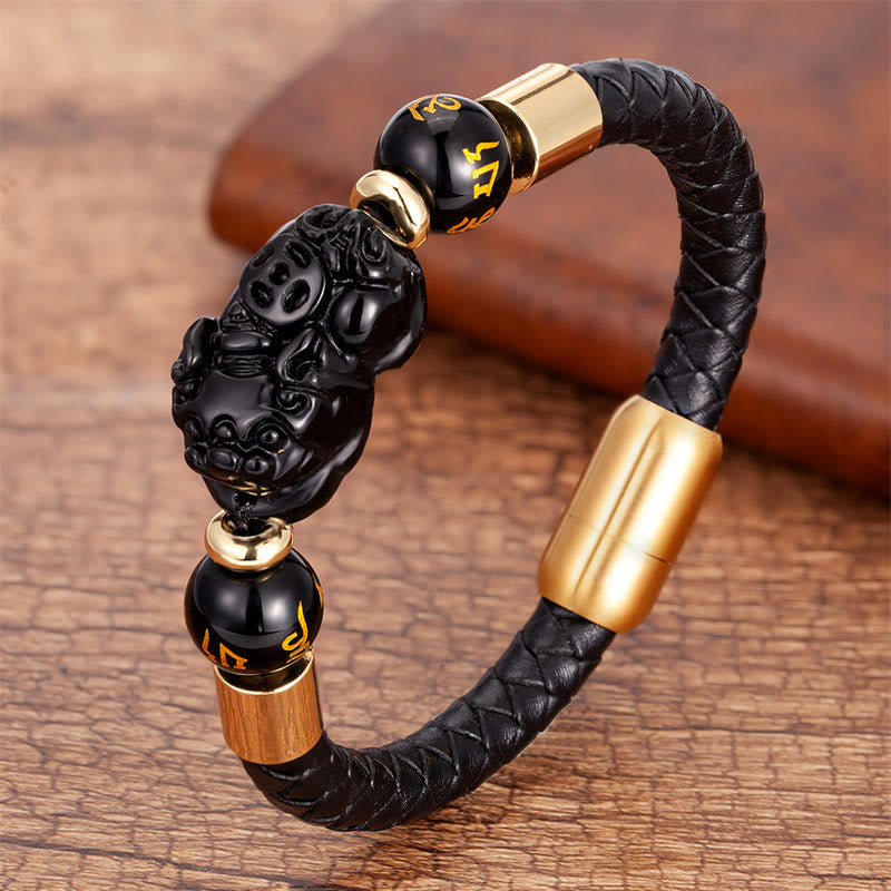 Buddha Stones Tiger Eye Black Onyx Red Agate Pixiu Copper Coin Om Mani Padme Hum Strength Leather Bracelet