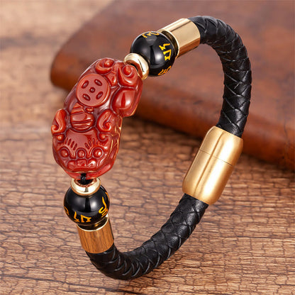 Buddha Stones Tiger Eye Black Onyx Red Agate Pixiu Copper Coin Om Mani Padme Hum Strength Leather Bracelet