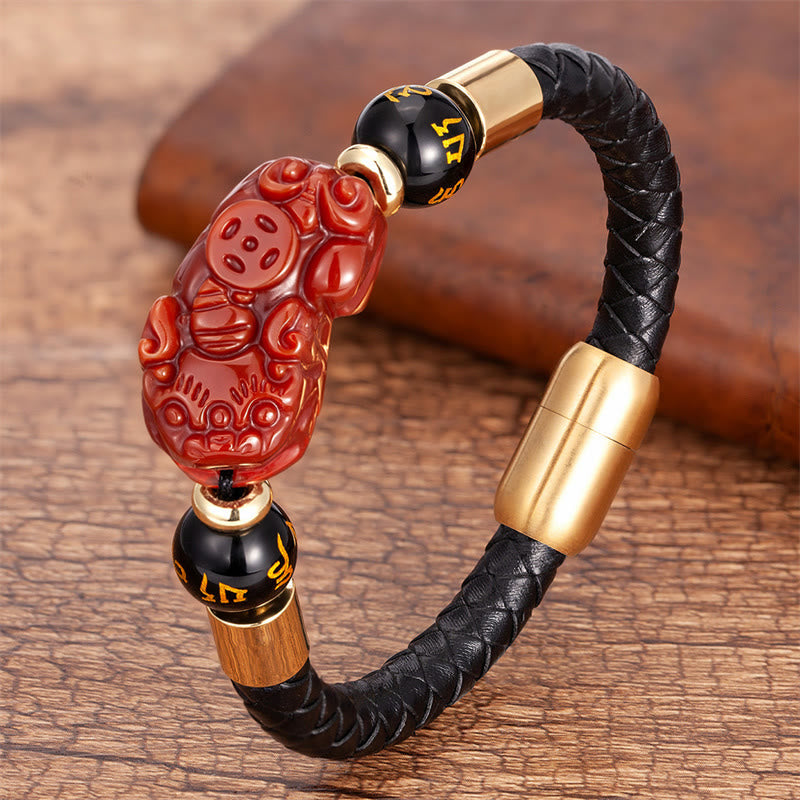 Buddha Stones Tiger Eye Black Onyx Red Agate Pixiu Copper Coin Om Mani Padme Hum Strength Leather Bracelet