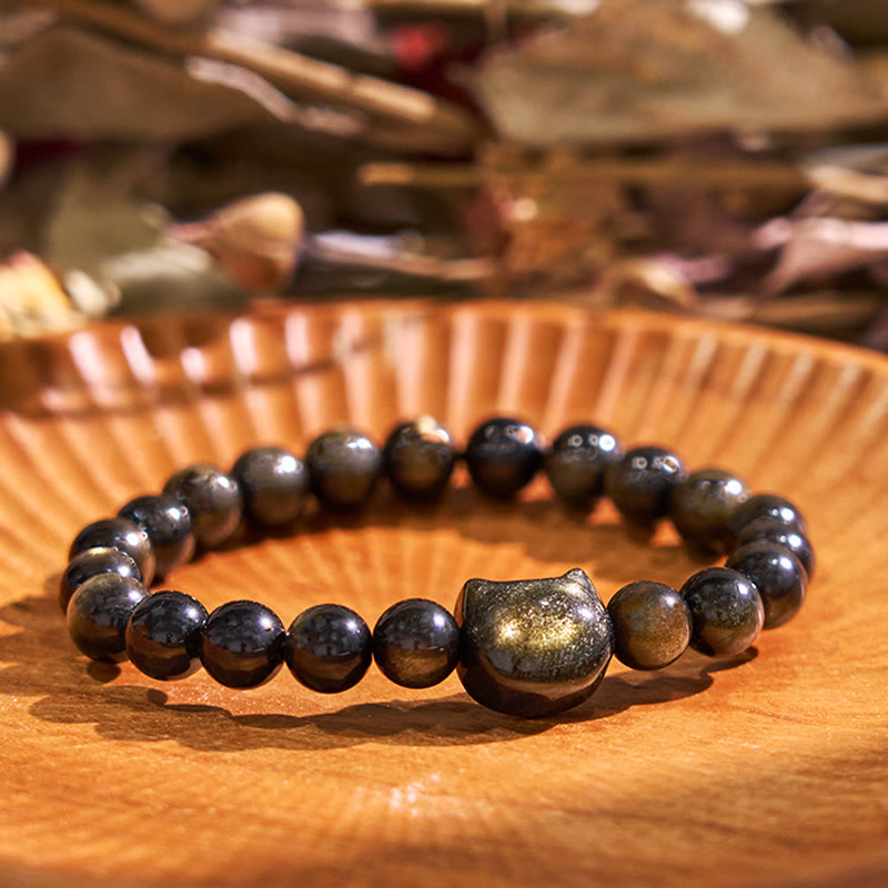 Buddha Stones Gold Sheen Obsidian Silver Sheen Obsidian Paw Lucky Cat Protection Bracelet
