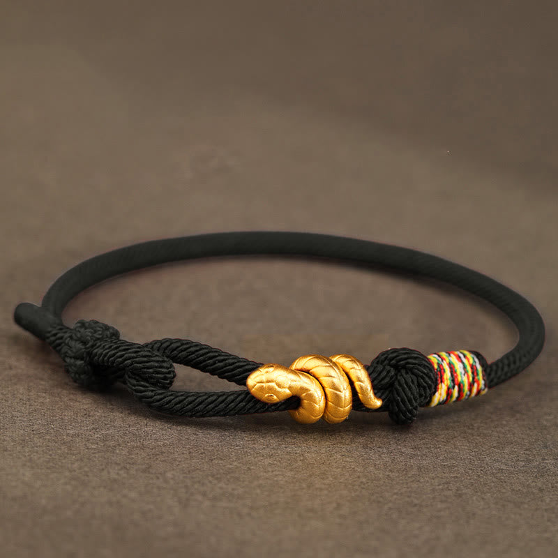 Buddha Stones 999 Gold Year of the Snake Design Handmade Luck Protection Rope Braided Bracelet