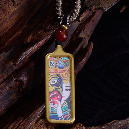 Buddha Stones Tibet Zakiram Yellow God of Wealth Nine Tailed Fox Hand-painted Thangka Calm Necklace Pendant