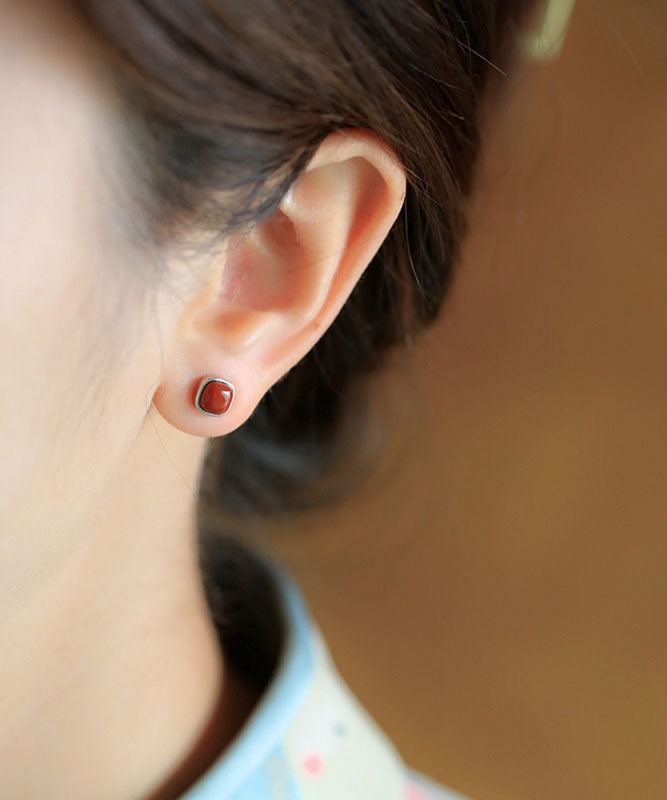 Red Sterling Silver Inlaid Agate Stud Earrings