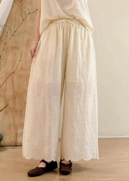Natural Apricot Embroidered Cotton Wide Leg Pants Summer
