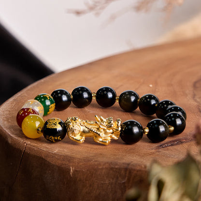Buddha Stones Natural Gold Sheen Obsidian Pixiu Five Directions Gods of Wealth Protection Bracelet
