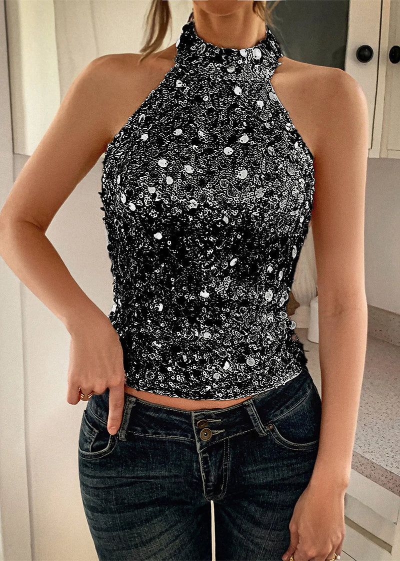 Silver Halter Backless Sequins Top Sleeveless