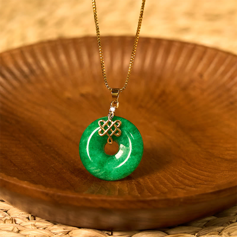 Buddha Stones Natural Cyan Jade Peace Buckle Chinese Knot Success Necklace Pendant