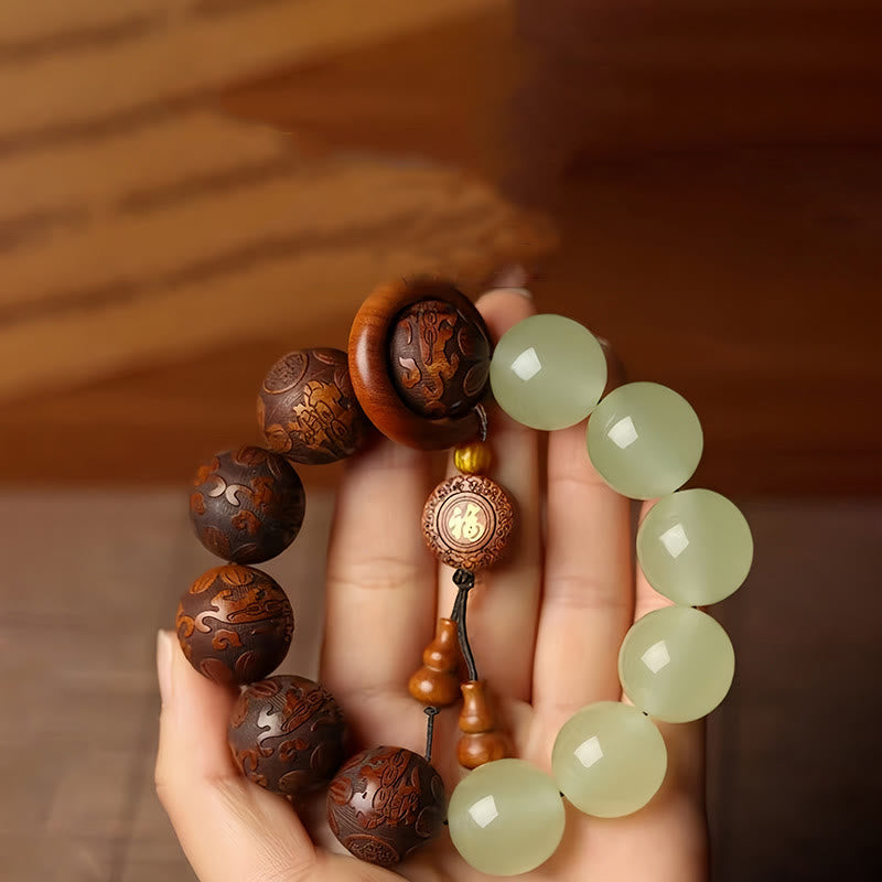 Buddha Stones Sappan Wood Engraving Pixiu Fu Character Cure Bracelet