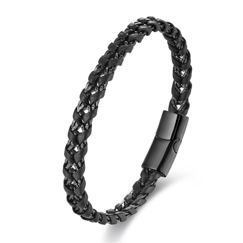 Buddha Stones Braided Design Titanium Steel Calm Multi-layer Leather Buckle Bracelet