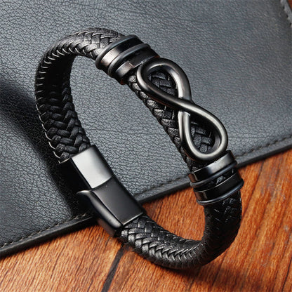 Buddha Stones Endless Knot Design Titanium Steel Strengthen Braided Leather Buckle Bracelet